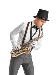 Naklejka premium Male artist playing saxophone on white background