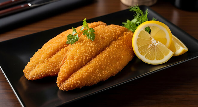 Delicious fried fish fillets served with lemon and herbs on transparent background