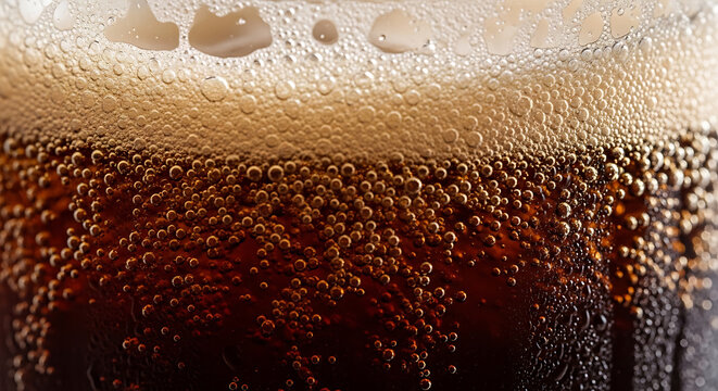 Close up of dark cola with abundant bubbles and foam on transparent background
