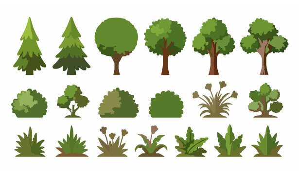 Cartoon trees bushes plants vector pack with stylized garden foliage