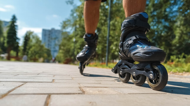 Person rollerblading on paved park path, close-up inline skates