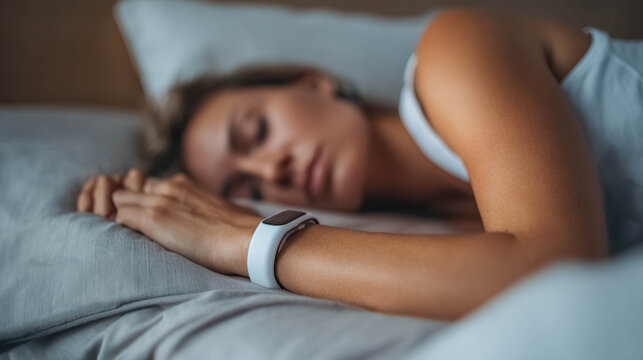 Woman sleeping while wearing fitness tracker for sleep monitoring