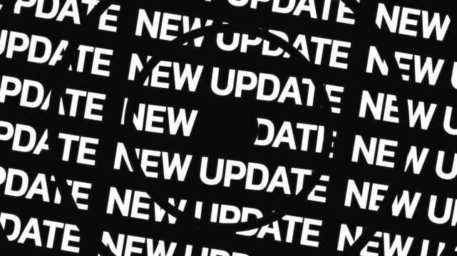 Rotating circular text paths present the phrase new update repeated around a center space.