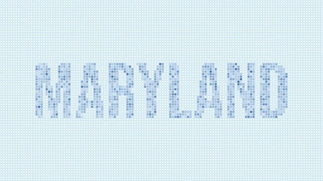 Maryland, United States dotted map animation. Digital style shape of the state. Maryland, United States shape and title dots appear with bulb flickering effect. Intro, outro, logo, title video.