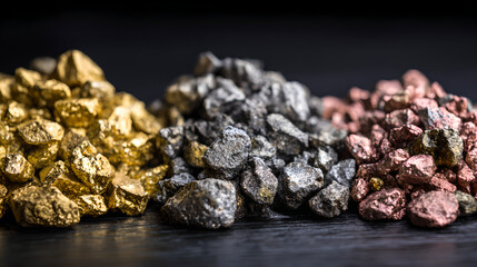 Three Pyramids of Gold Silver and Copper Nuggets on Sand
