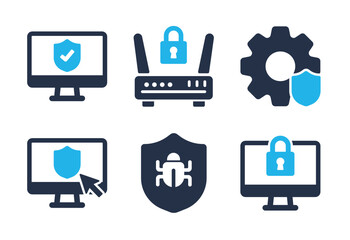Fototapeta premium Network Security and Device Protection icon set. Solid glyph series icons