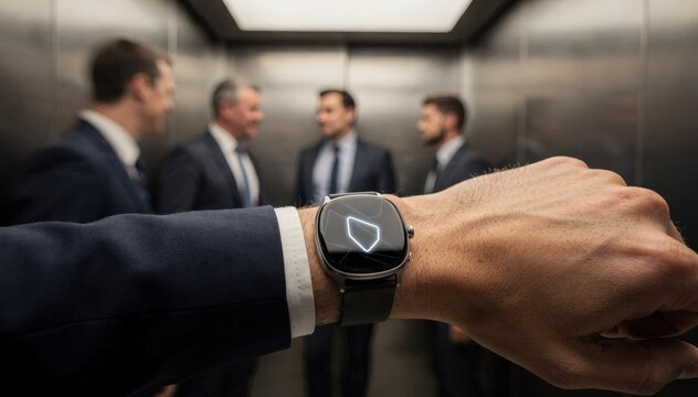 Office elevator interior with smartwatch in focus showing digital card token passengers blurred in motion behind.