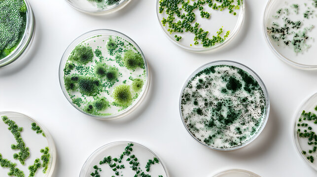 Laboratory Petri Dishes Containing Various Strains Of Colorful Cultivated Microalgae Cultures
