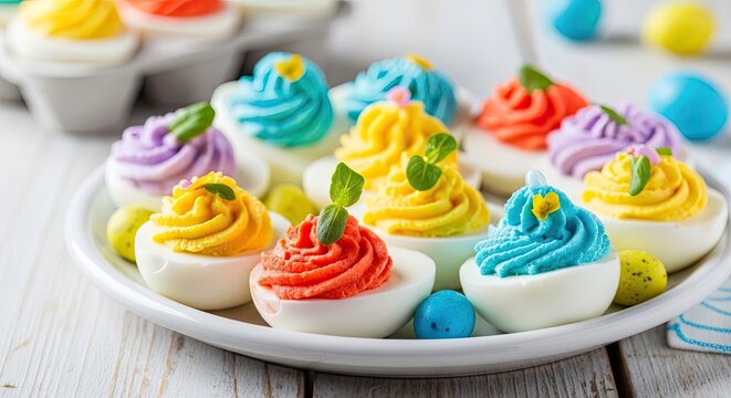 A colorful assortment of deviled eggs with colorful frosting on a white plate.