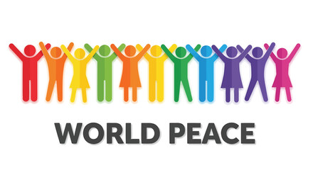Vector illustration of diverse people celebrating World Peace with colorful arms raised