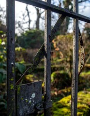 A close-up of an old, rusty metal gate in a garden