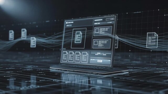 futuristic digital tax filing interface with glowing financial data streams and holographic dashboard on dark background