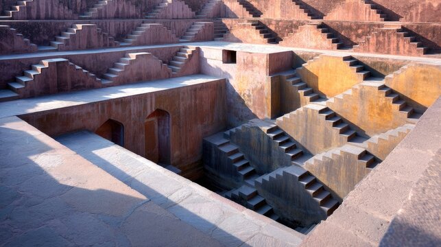 Ancient Stepwell Architecture with Geometric Patterns and Intricate Staircases in Warm Natural Light