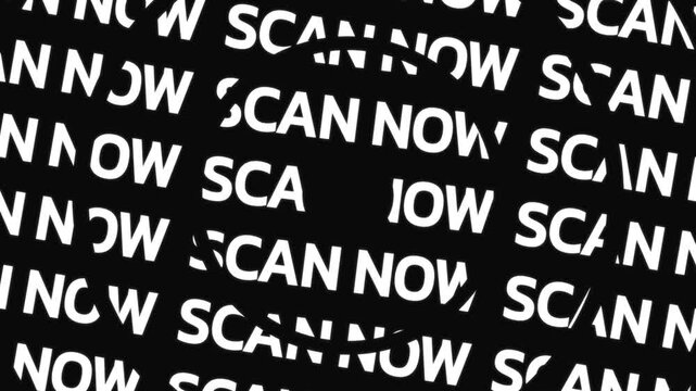 Rotating circular text lines carry the phrase scan now repeated along circular paths around a center space.