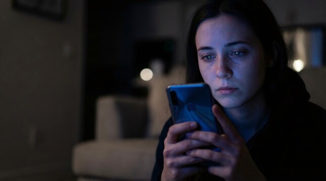 Sad young woman looking at smartphone in dark room for mental health concept