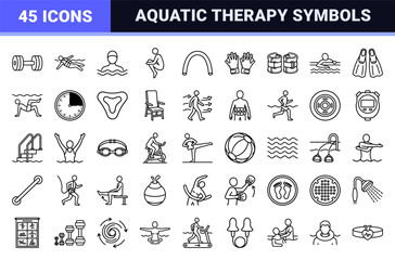 Fototapeta premium Hydrotherapy and Aquatic Fitness Monoline Symbols Featuring Water Aerobics Equipment and Physical Therapy Exercises in a Clean Linear Style