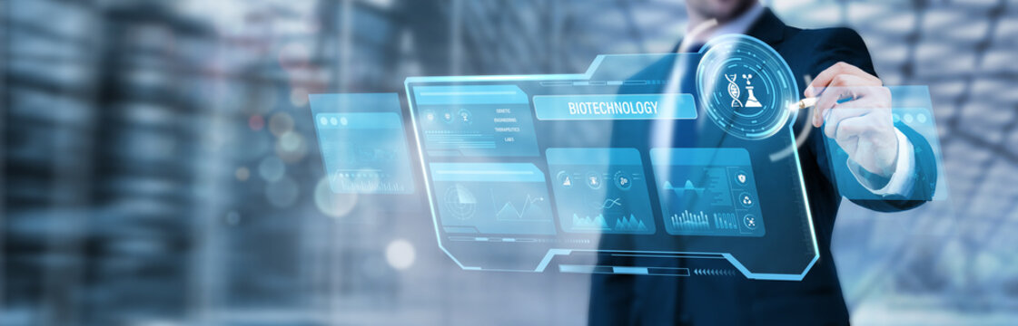 Businessman pointing at a digital screen and analyzing biotechnology innovation, life science research analytics, genetic engineering technology, biomedical data insights
