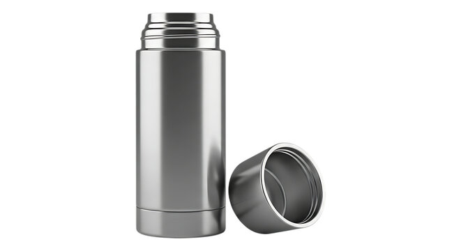 A silver metal thermos flask with its cap off on a black background