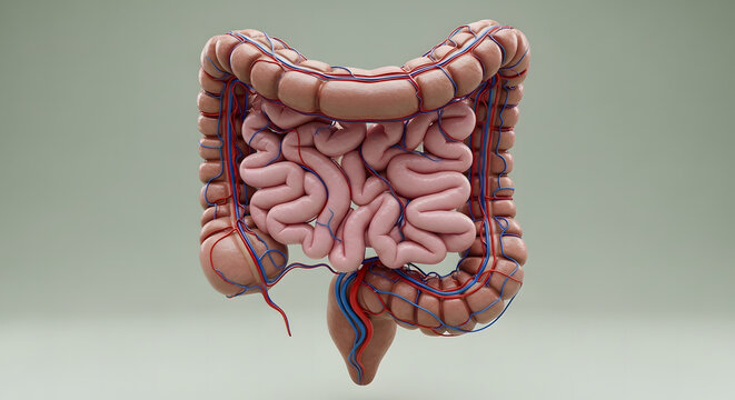 3D Realistic Anatomy of Human Large Intestine with Complete Mesenteric Vascular System. Highly detailed and photorealistic 3D medical illustration of the human colon (large intestine)