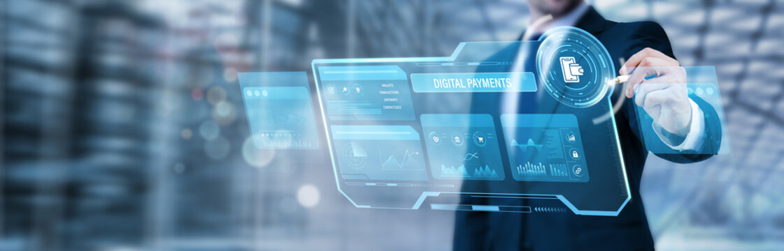 Businessman pointing at a digital screen and analyzing digital payment systems, online transaction technology, fintech payment solutions, secure electronic commerce payments
