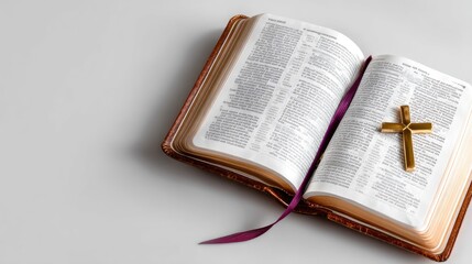 Fototapeta premium Open Bible with Cross on the Page, Spiritual Reflection and Faith Visualization, Divine Inspiration for Believers and Devotees