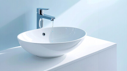 Fototapeta premium Ceramic washbasin with chrome faucet and water stream. Interior design for wellness facility and residential hygiene. Minimalism architecture and sustainability industry visualization.