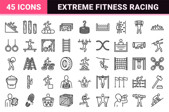 Extreme Obstacle Course Racing Monoline Symbols for Fitness Challenges and Mud Run Event Branding featuring Minimalist Outlined User Interface Elements