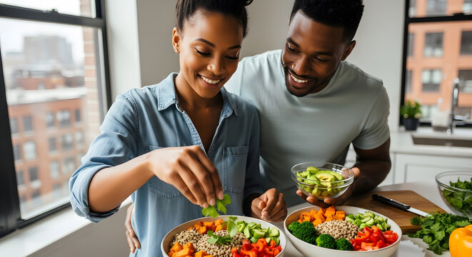 Man and woman enjoying time together while adding fresh herbs and vegetables to nutritious grain bowls in a modern apartment