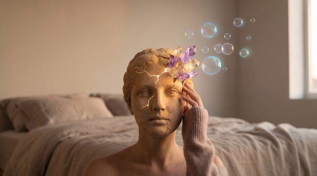 Surreal concept of human head replaced by cracked statue with emerging amethyst crystals