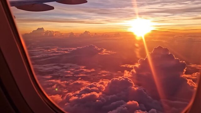 Golden sunset light illuminates f clouds seen from an airplane window during