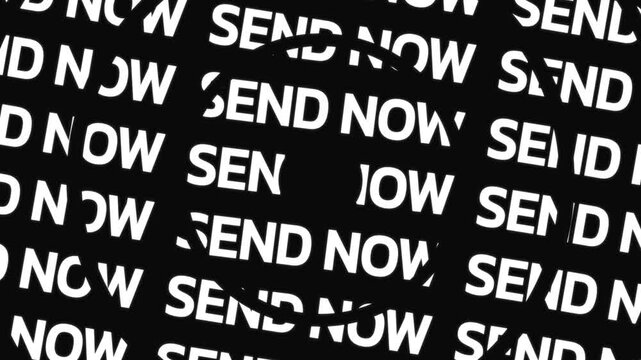 Circular text rings rotate in opposite directions presenting the phrase send now repeated around a center space.