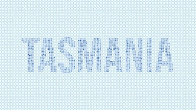 Tasmania dotted map animation. Digital style shape of the island. Tasmania shape and title blue dots appear with flickering effect. Australia. Creative Intro, outro, title, logo video.