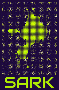 Sark dots map. Guernsey. Digital style shape of the island. Sark map and title lime colored square dots with round corners. Creative Vector Illustration.