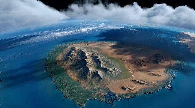 Aerial view of a large island with mountains and water surrounding it under clouds