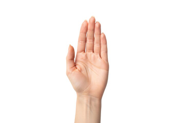 Obraz premium A young caucasian woman's bare hand, smooth skin texture, palm up, cupping gesture, isolated on a transparent background with copy space. Concept for commercial presentation