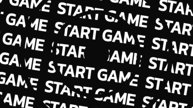 Concentric text rings rotate in opposite directions displaying the phrase start game repeated along circular paths around a center space.