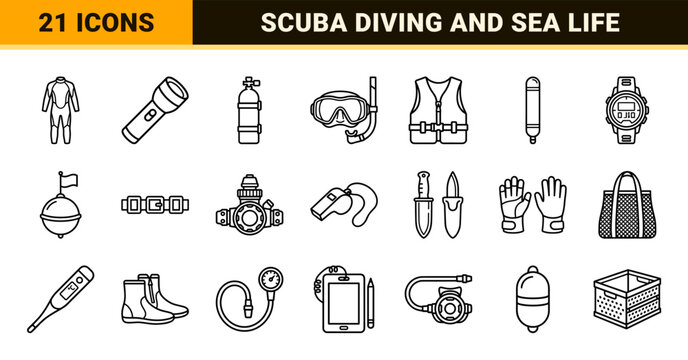 Marine Exploration and Scuba Diving Equipment Monoline Outline Symbols Featuring Ocean Wildlife and Underwater Gear Professional Line Art