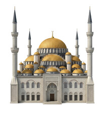 A majestic mosque stands prominently against a clear sky. The building features multiple domes, minarets, and intricate architectural details.