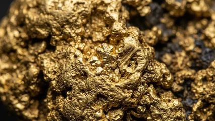 Fotobehang Goud Extreme macro close-up of raw gold nugget texture, shiny yellow precious metal surface detail and wealth concept background.  © Bang Reja