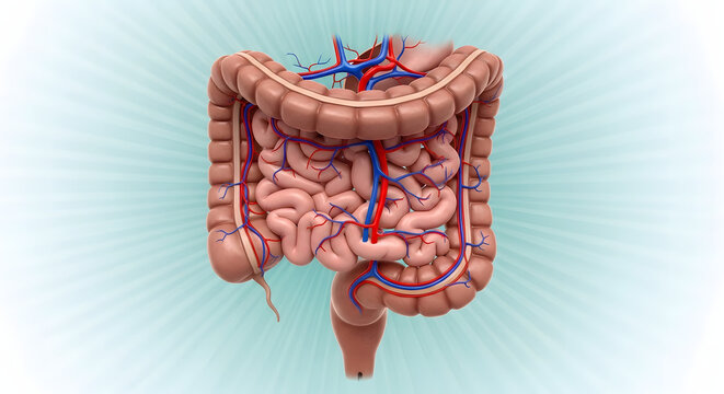 3D Anatomical Rendering of Human Colon with Prominent Marginal Artery and Radiating Mesenteric Vessels