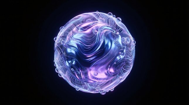 Futuristic glowing purple energy sphere with intricate network fibers on black background for sci-fi concept