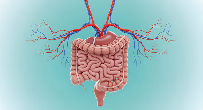3D Anatomy of Human Colon with Superior Mesenteric Artery and Vein Branching from Above. Photorealistic 3D medical illustration of the human large intestine (colon)