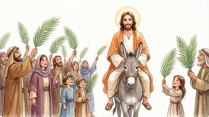Jesus christ riding a donkey amidst a palm sunday procession © Aposh003