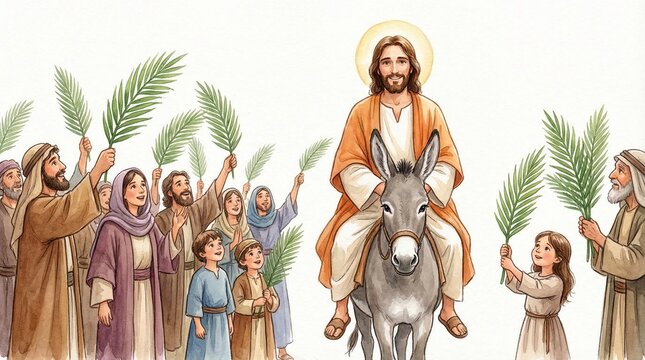 Jesus christ riding a donkey amidst a palm sunday procession