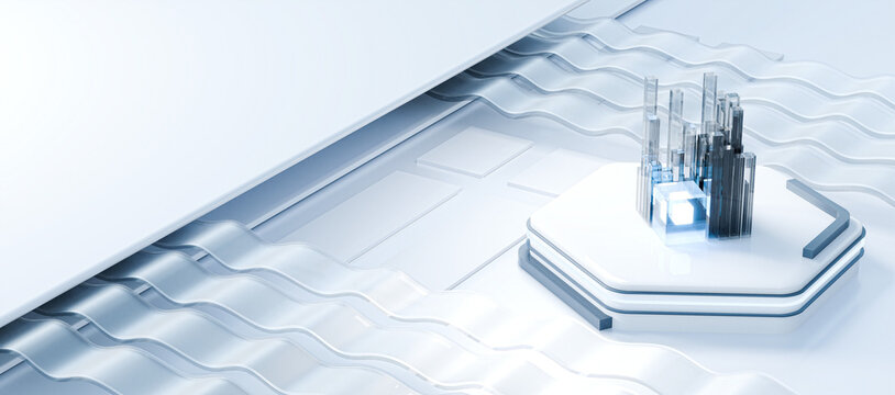 3D Rendering of Futuristic BIM Building Model on Abstract Digital White Background
