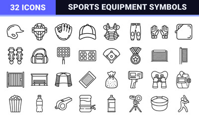 Fototapeta premium Professional Baseball Athletics Monoline Outline Icons featuring Equipment Symbols, League Gear, and Stadium Elements for Sports Design Systems