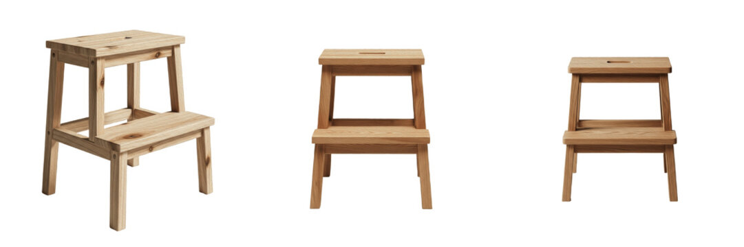 Natural Pine Wood Two Step Stool Collection, Handcrafted Timber Folding Ladder Chair Set, Multi Purpose Household Stepping Stool Grouping, Classic Wooden Furniture Isolated White Background Asset
