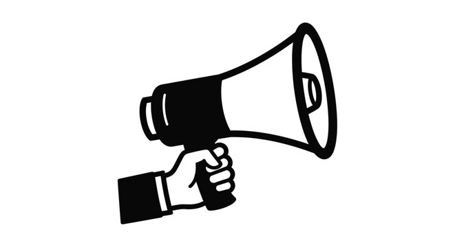 A black silhouette of a hand holding a megaphone communication silhouette