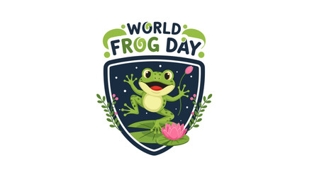A colorful illustration of a frog on a lily pad within a shield for World Frog Day with a conservation awareness theme. © Eko