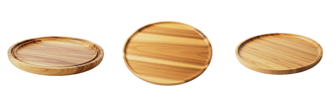 Handcrafted Wooden Serving Tray Collection, Natural Round Timber Plate Set for Appetizers and Charcuterie, Minimalist Bamboo Dining Platter Grouping Isolated on White Background Asset